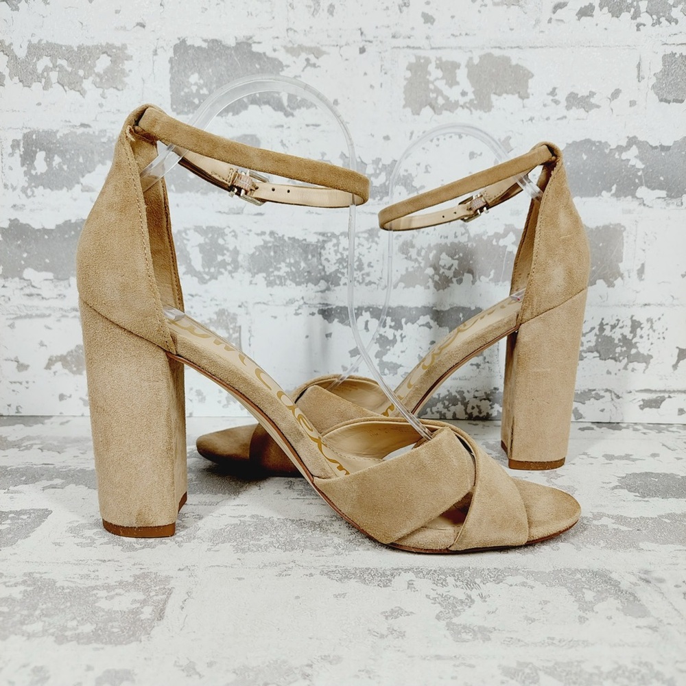 NEW Sam Edelman Yancy Tan Suede Block Heel Ankle Strap Sandal Heels M430 - Picture 3 of 11